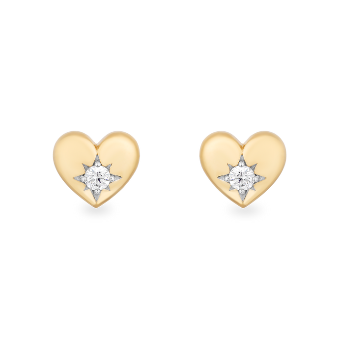 Hallmark Fine Jewelry Puffed Heart in Yellow Gold Stud Diamond Earrings View 1