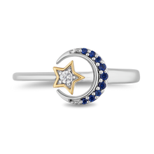 Load image into Gallery viewer, Hallmark Fine Jewelry Midnight Sky Crescent Moon Ring in Sterling Silver &amp; 14K Yellow Gold with Created Blue Sapphires and Diamond
