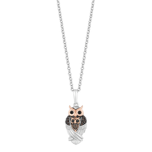Load image into Gallery viewer, Hallmark Fine Jewelry Owl Embrace Pendant in Sterling Silver &amp; 14K Rose Gold with Black Diamonds &amp; Smoky Quartz

