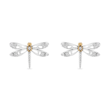Load image into Gallery viewer, Hallmark Fine Jewelry Dragonfly Stud Diamond Earrings in Sterling Silver &amp; Yellow Gold View 1
