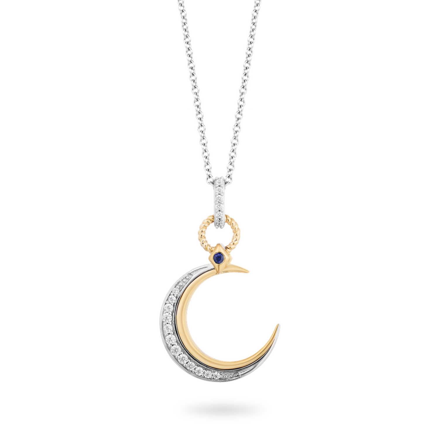 Hallmark Fine Jewelry Moon Diamond Pendant in Sterling Silver & Yellow Gold & Created Blue