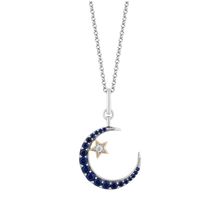 Load image into Gallery viewer, Hallmark Fine Jewelry Crescent Moon &amp; Star Diamond Pendant in Sterling Silver &amp; Gold with Created Blue Sapphire &amp; Diamond Accents View 1

