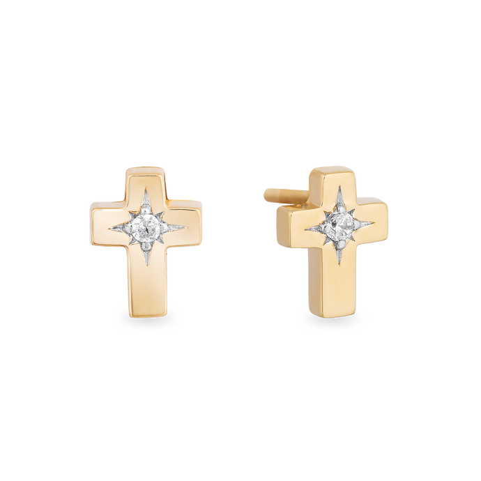 Hallmark Fine Jewelry Cross Stud Diamond Earrings in Yellow Gold View 1
