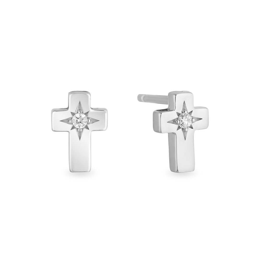 Hallmark Fine Jewelry Cross Stud Diamond Earrings in Sterling Silver View 1