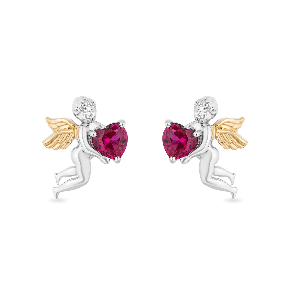 Hallmark Fine Jewelry Cupid Diamond Earrings in Sterling Silver & Yellow Gold with Created Ruby View 1