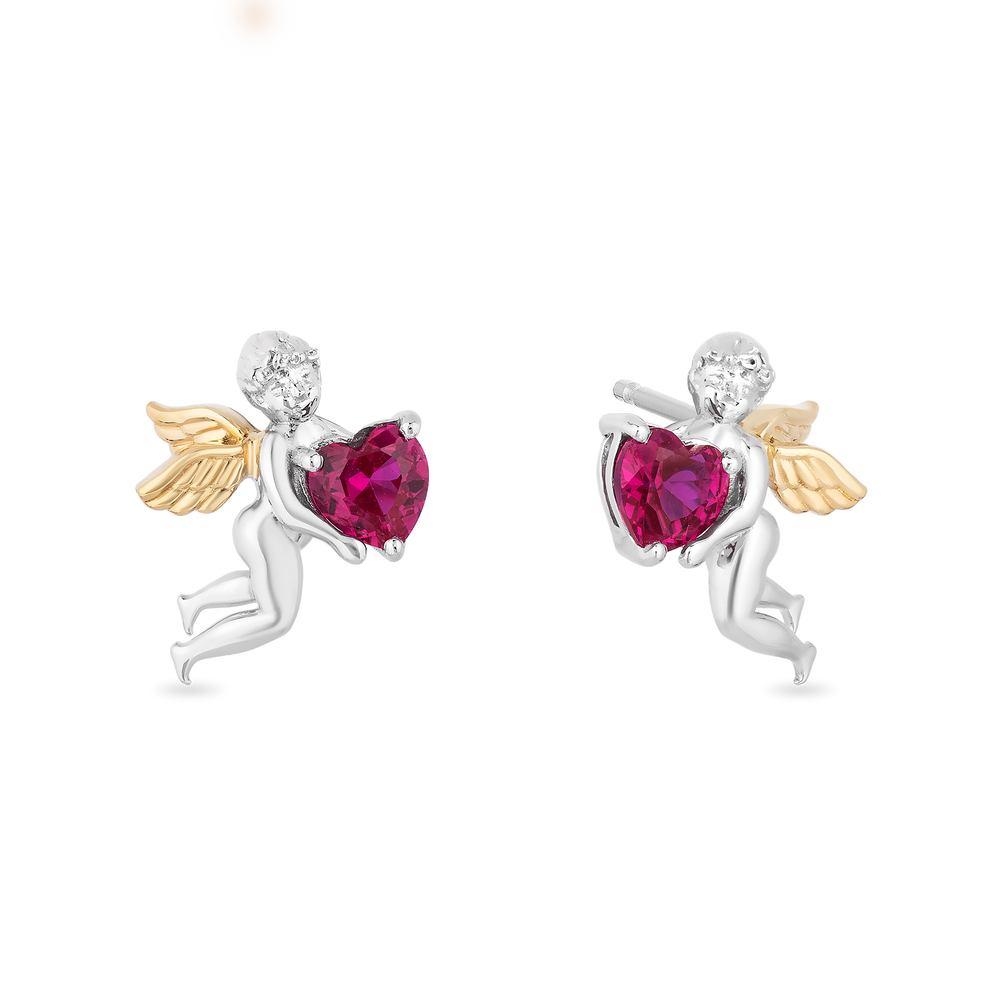 Hallmark Fine Jewelry Cupid Diamond Earrings in Sterling Silver & Yellow Gold with Created Ruby View 1
