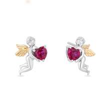 Load image into Gallery viewer, Hallmark Fine Jewelry Cupid Diamond Earrings in Sterling Silver &amp; Yellow Gold with Created Ruby View 1
