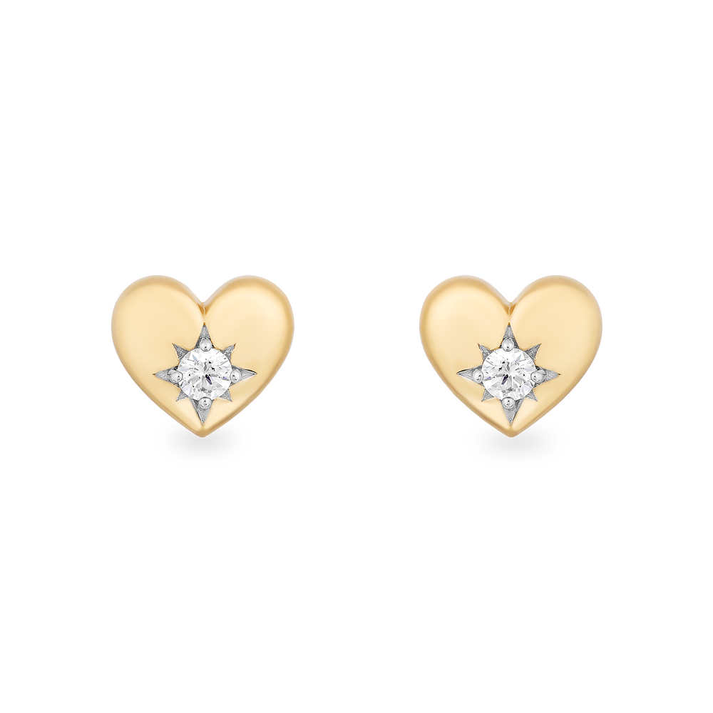 Hallmark Fine Jewelry Puffed Heart in Yellow Gold Stud Diamond Earrings View 1