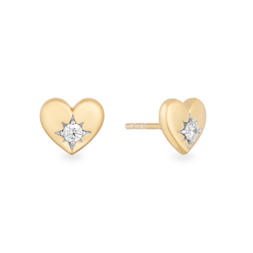 Hallmark Fine Jewelry Puffed Heart in Yellow Gold Stud Diamond Earrings View 1
