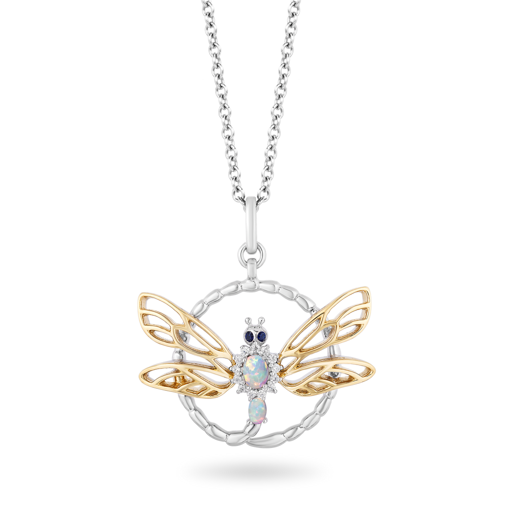 Hallmark Fine Jewelry Dragonfly Circle Diamond Pendant in Sterling Silver & Yellow Gold & Created Opal & Sapphire View 1