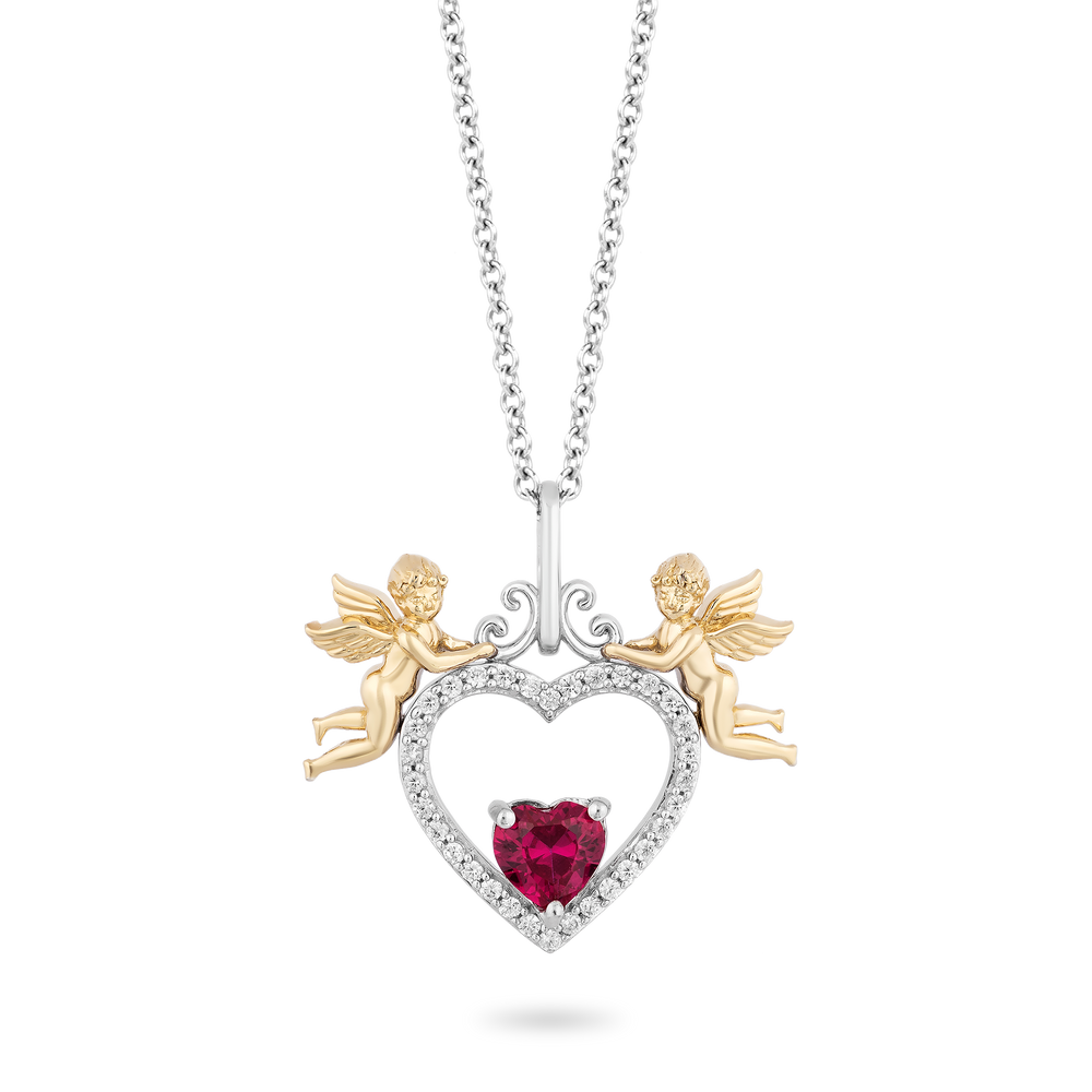 Hallmark Fine Jewelry Cherubs with Heart Diamond Pendant in Sterling Silver & Yellow Gold with 1/6 CTTW & Created Ruby View 1