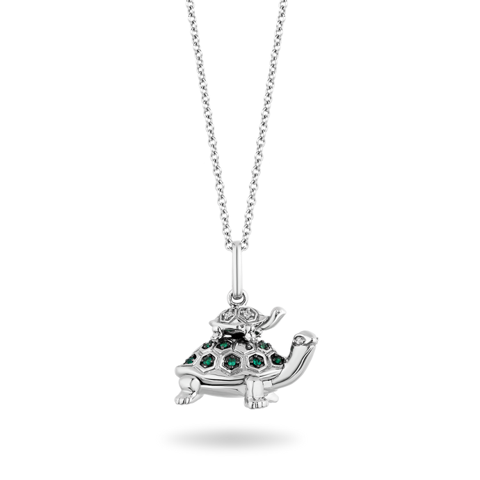 Hallmark Fine Jewelry Turtle Diamond Pendant in Sterling Silver & Created Emerald View 1