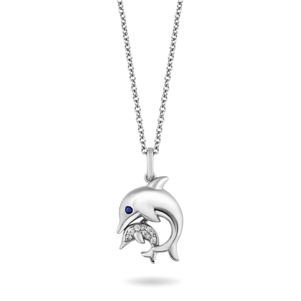 Hallmark Fine Jewelry Dolphin Mama & Baby Pendant in Sterling Silver with Blue & White Diamonds
