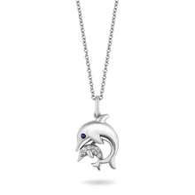 Load image into Gallery viewer, Hallmark Fine Jewelry Dolphin Mama &amp; Baby Pendant in Sterling Silver with Blue &amp; White Diamonds
