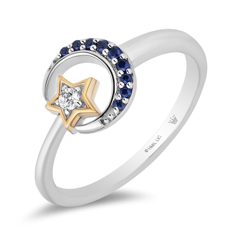Hallmark Fine Jewelry Midnight Sky Crescent Moon Ring in Sterling Silver & 14K Yellow Gold with Created Blue Sapphires and Diamond