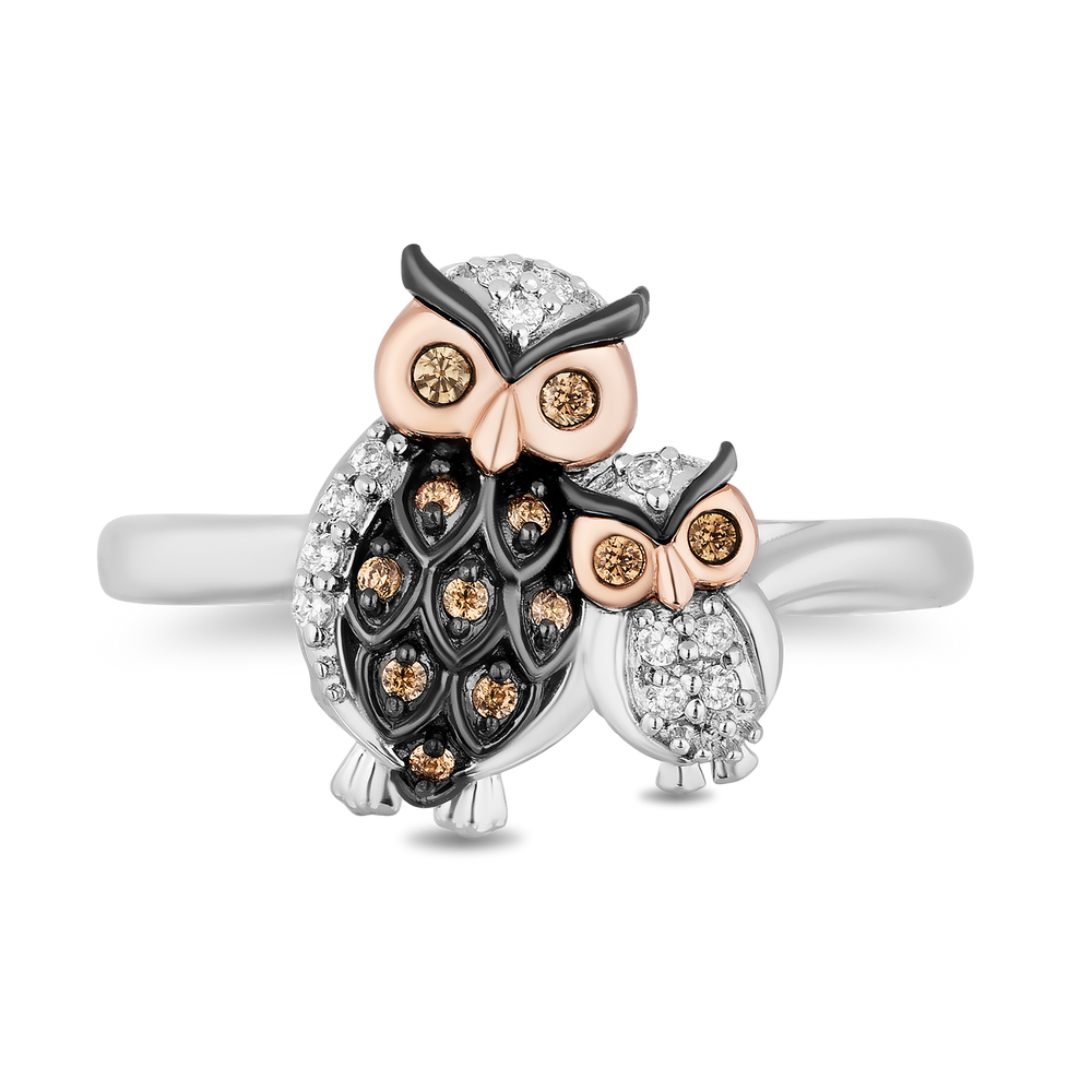 Hallmark Fine Jewelry Mother Owl & Baby Owlet Ring in Sterling Silver & 14K Rose Gold with Champagne & White Diamonds