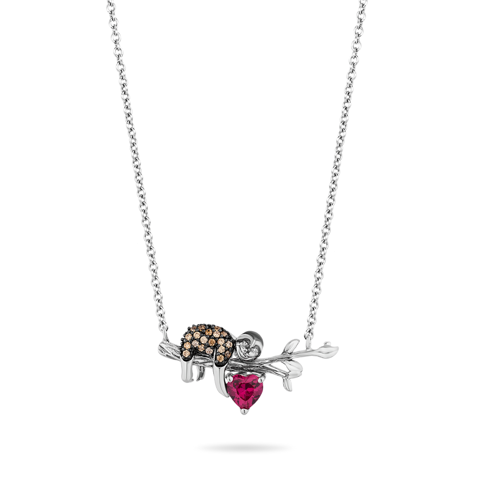 Hallmark Fine Jewelry Sleepy Sloth Necklace in Sterling Silver with Champagne Diamonds & Created Ruby
