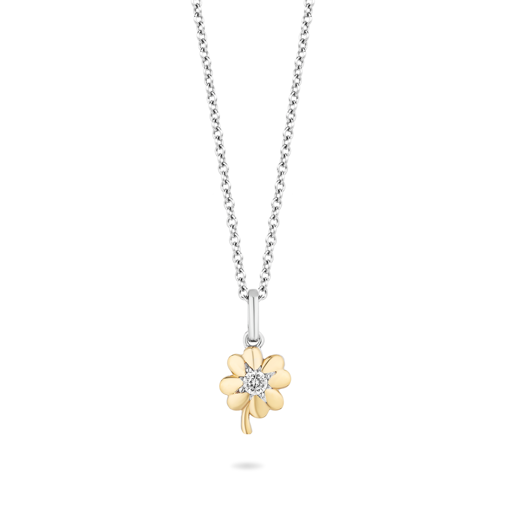 Hallmark Fine Jewelry Lucky Clover Pendant in 14K Yellow Gold & Sterling Silver with Diamond