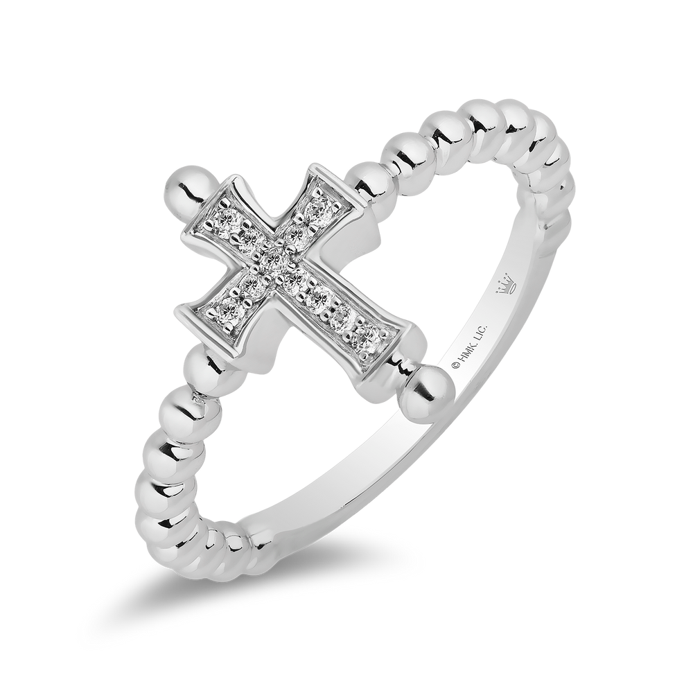 Hallmark Fine Jewelry Petite Beaded Cross Ring in Sterling Silver with Diamonds