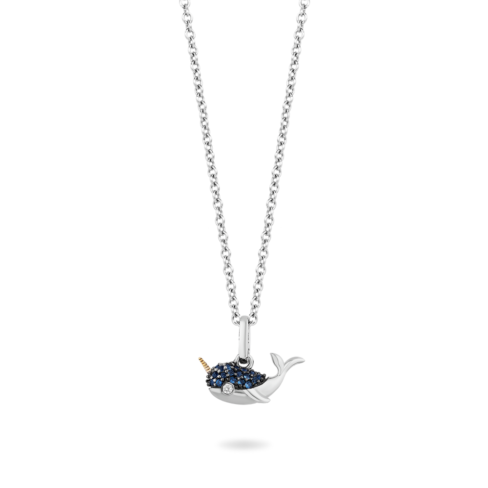 Hallmark Fine Jewelry Narwhal Pendant in Sterling Silver & 14K Yellow Gold with Blue & White Diamonds