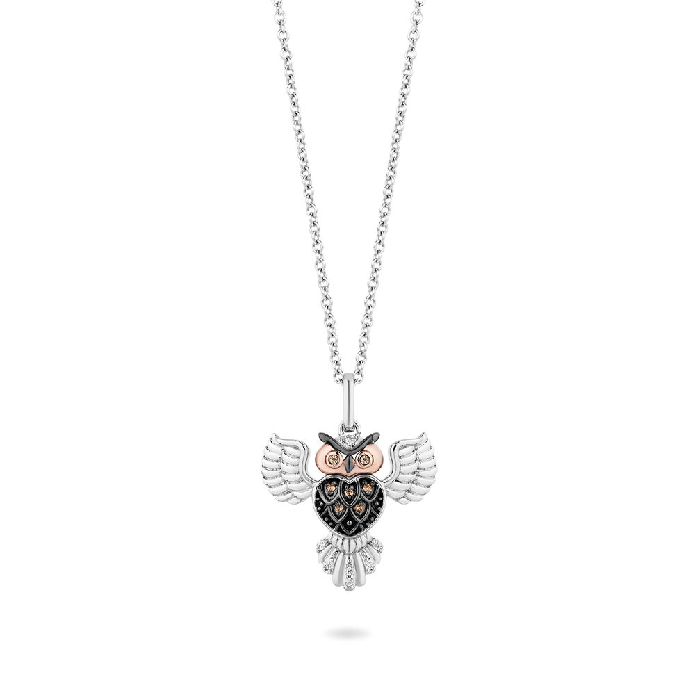Hallmark Fine Jewelry Great Horned Owl Pendant in Sterling Silver & 14K Rose Gold with Champagne & White Diamonds