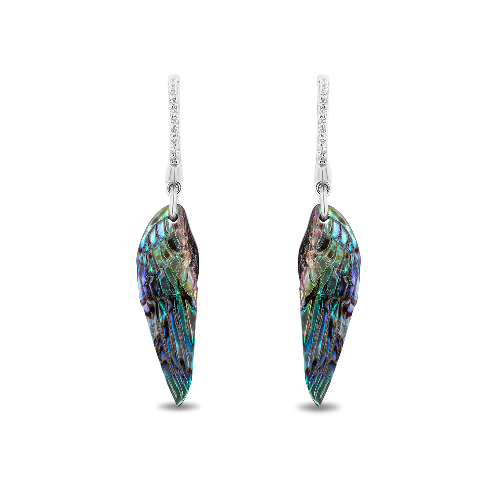 Hallmark Fine Jewelry Wing Drop Earrings in Aurora Borealis Blue Carved Mother of Pearl and Sterling Silver with Diamonds