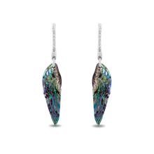 Load image into Gallery viewer, Hallmark Fine Jewelry Wing Drop Earrings in Aurora Borealis Blue Carved Mother of Pearl and Sterling Silver with Diamonds
