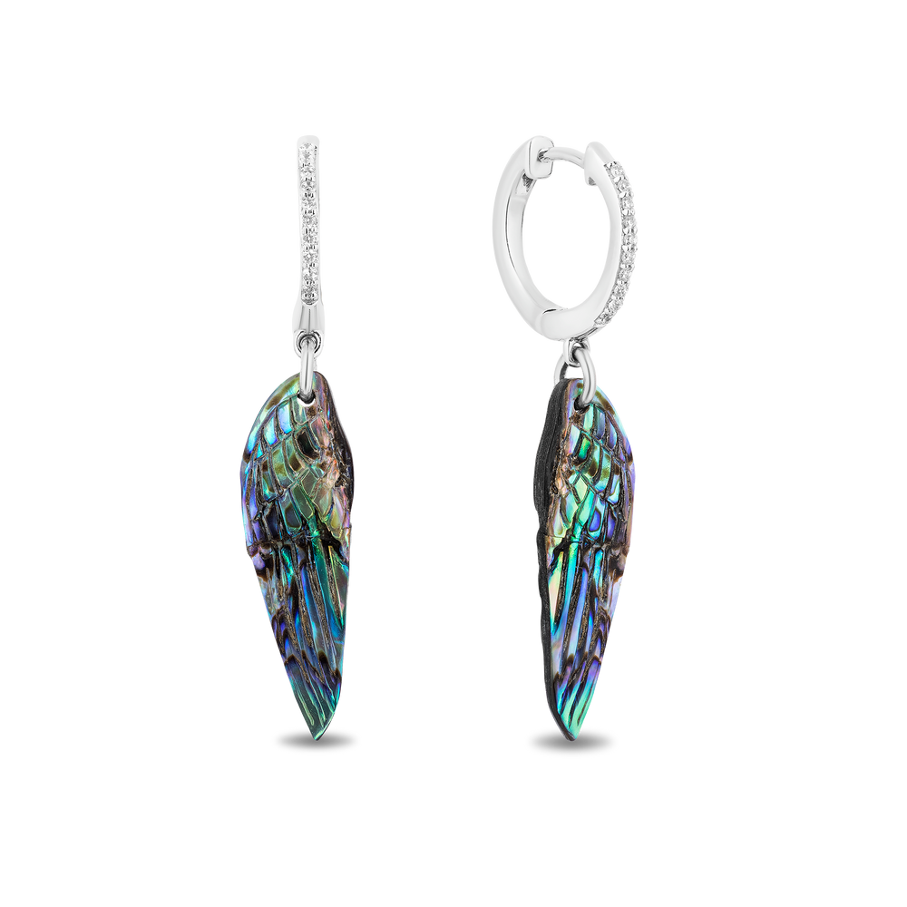 Hallmark Fine Jewelry Wing Drop Earrings in Aurora Borealis Blue Carved Mother of Pearl and Sterling Silver with Diamonds