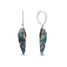 Load image into Gallery viewer, Hallmark Fine Jewelry Wing Drop Earrings in Aurora Borealis Blue Carved Mother of Pearl and Sterling Silver with Diamonds
