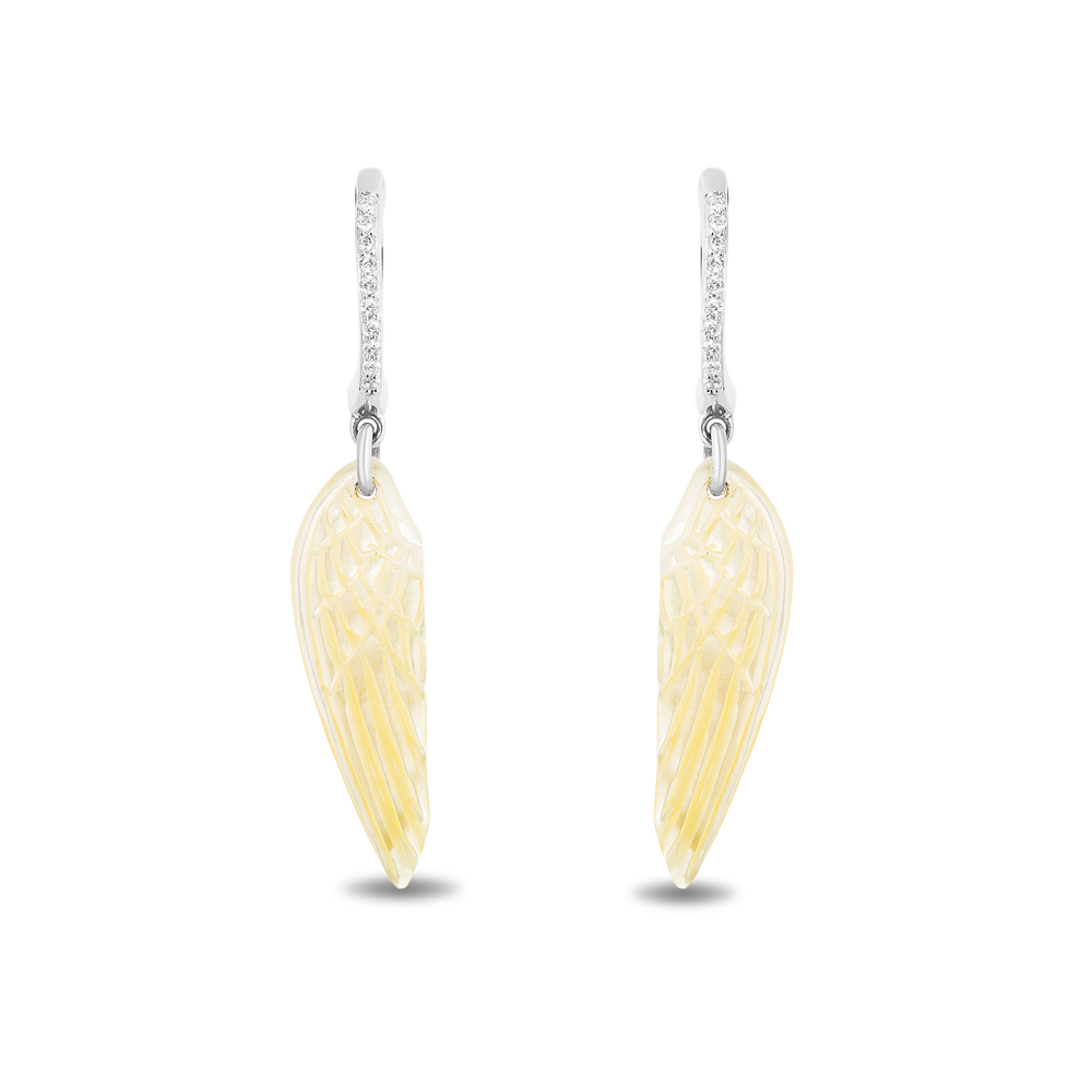 Hallmark Fine Jewelry Wing Drop Earrings in Golden Carved Mother of Pearl and Sterling Silver with Diamonds