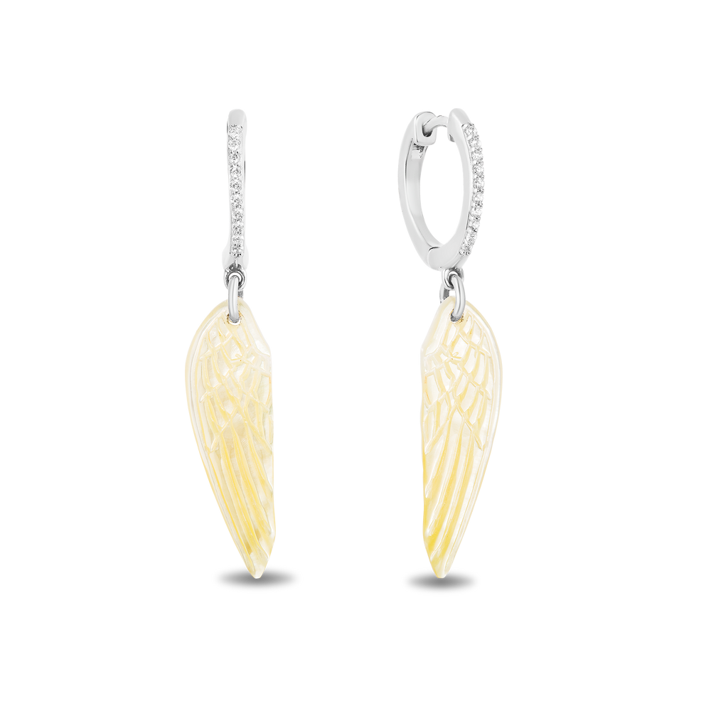 Hallmark Fine Jewelry Wing Drop Earrings in Golden Carved Mother of Pearl and Sterling Silver with Diamonds