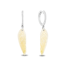 Load image into Gallery viewer, Hallmark Fine Jewelry Wing Drop Earrings in Golden Carved Mother of Pearl and Sterling Silver with Diamonds
