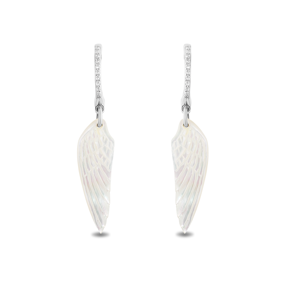 Hallmark Fine Jewelry Wing Drop Earrings in Carved Mother of Pearl and Sterling Silver with Diamonds
