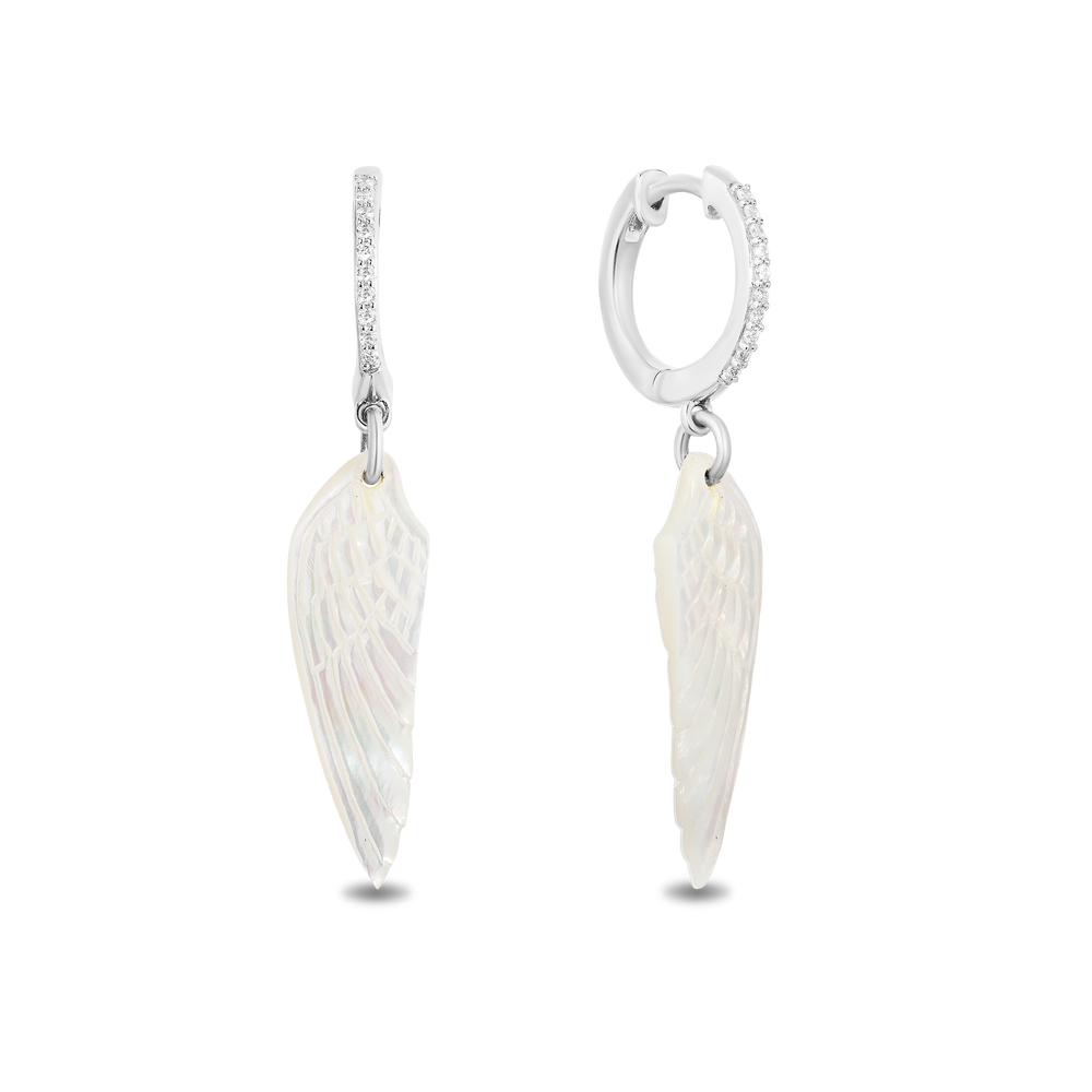 Hallmark Fine Jewelry Wing Drop Earrings in Carved Mother of Pearl and Sterling Silver with Diamonds