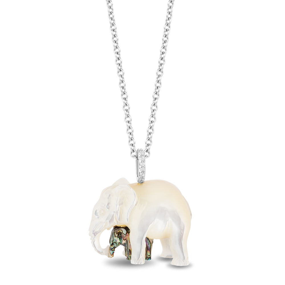 Hallmark Fine Jewelry Mama and Baby Elephant Pendant in Carved Mother of Pearl and Sterling Silver with Diamonds