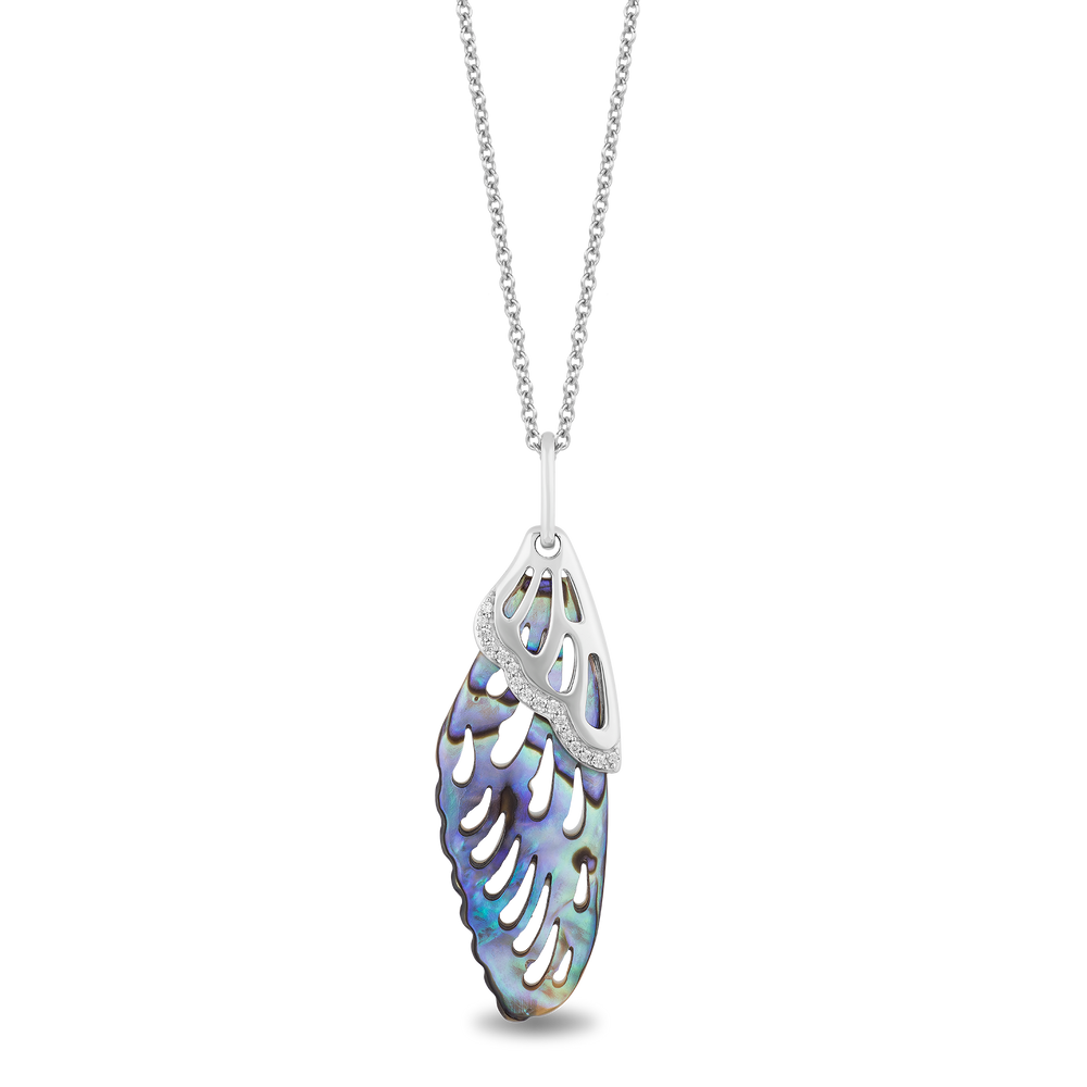 Hallmark Fine Jewelry Butterfly Wing Pendant in Aurora Borealis Blue Carved Mother of Pearl and Sterling Silver with Diamonds