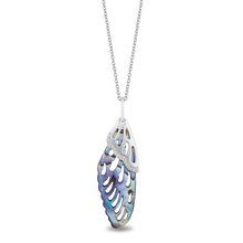Load image into Gallery viewer, Hallmark Fine Jewelry Butterfly Wing Pendant in Aurora Borealis Blue Carved Mother of Pearl and Sterling Silver with Diamonds
