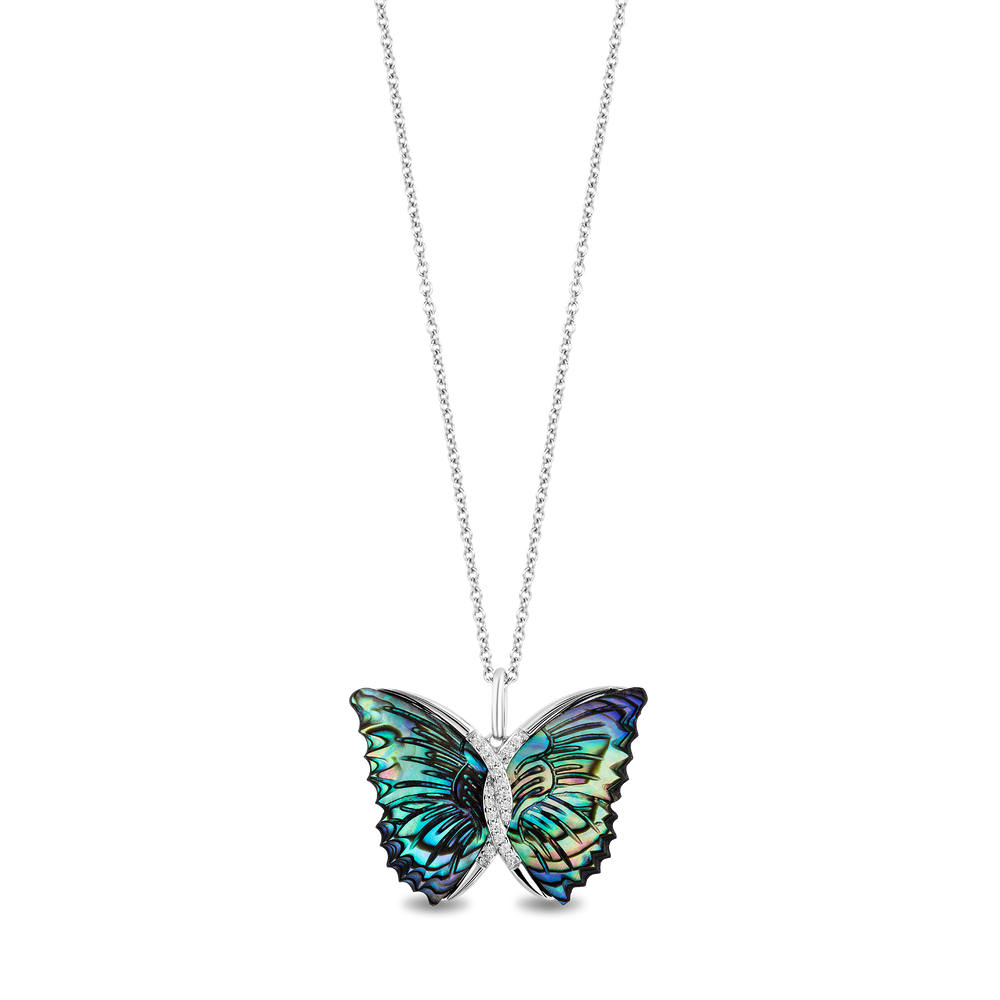 Hallmark Fine Jewelry Social Butterfly Pendant in Aurora Borealis Blue Carved Mother of Pearl and Sterling Silver with Diamonds