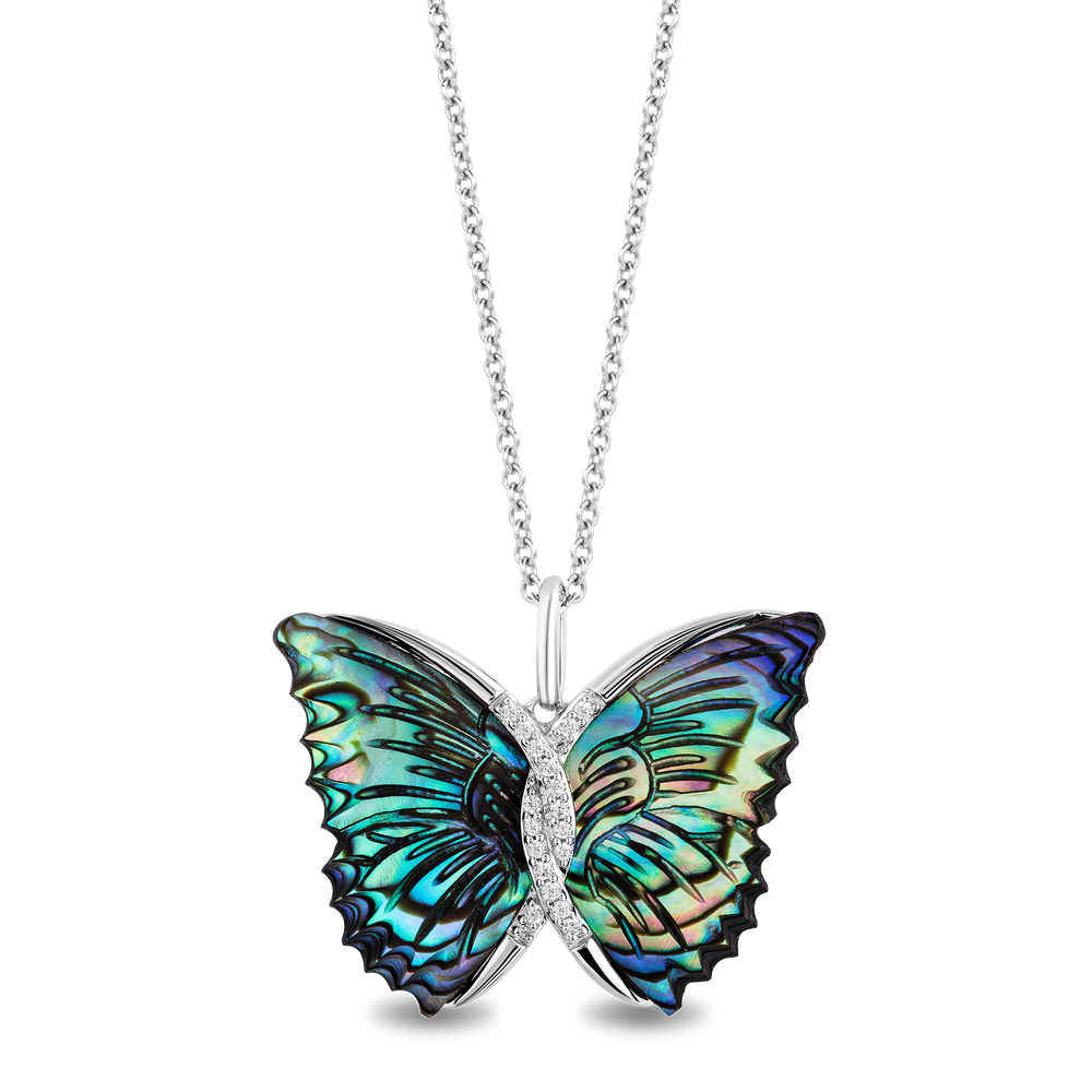 Hallmark Fine Jewelry Social Butterfly Pendant in Aurora Borealis Blue Carved Mother of Pearl and Sterling Silver with Diamonds