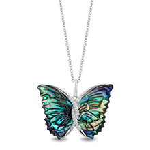 Load image into Gallery viewer, Hallmark Fine Jewelry Social Butterfly Pendant in Aurora Borealis Blue Carved Mother of Pearl and Sterling Silver with Diamonds
