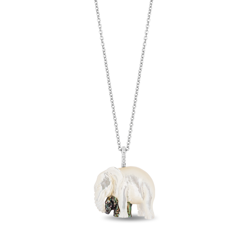 Hallmark Fine Jewelry Mama and Baby Elephant Pendant in Carved Mother of Pearl and Sterling Silver with Diamonds