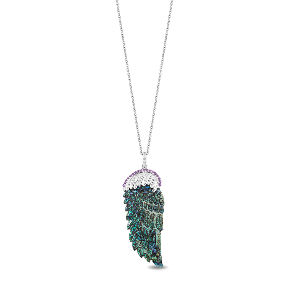 Hallmark Fine Jewelry Fine Feathers Pendant in Sky Blue Carved Mother of Pearl and Sterling Silver with Diamonds and Amethyst