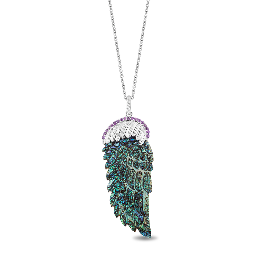 Hallmark Fine Jewelry Fine Feathers Pendant in Sky Blue Carved Mother of Pearl and Sterling Silver with Diamonds and Amethyst