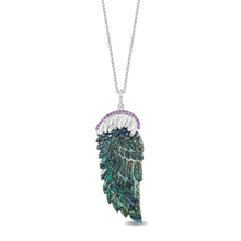 Load image into Gallery viewer, Hallmark Fine Jewelry Fine Feathers Pendant in Sky Blue Carved Mother of Pearl and Sterling Silver with Diamonds and Amethyst
