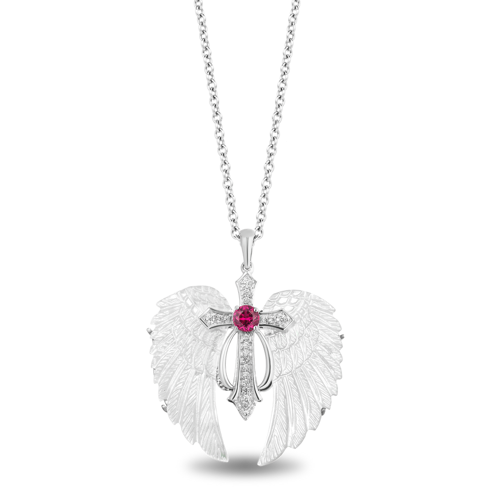 Hallmark Fine Jewelry Guiding Spirit Ornate Cross Pendant in Carved Mother of Pearl and Sterling Silver with Diamonds and Created Ruby