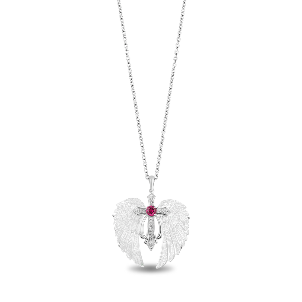 Hallmark Fine Jewelry Guiding Spirit Ornate Cross Pendant in Carved Mother of Pearl and Sterling Silver with Diamonds and Created Ruby