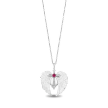 Load image into Gallery viewer, Hallmark Fine Jewelry Guiding Spirit Ornate Cross Pendant in Carved Mother of Pearl and Sterling Silver with Diamonds and Created Ruby
