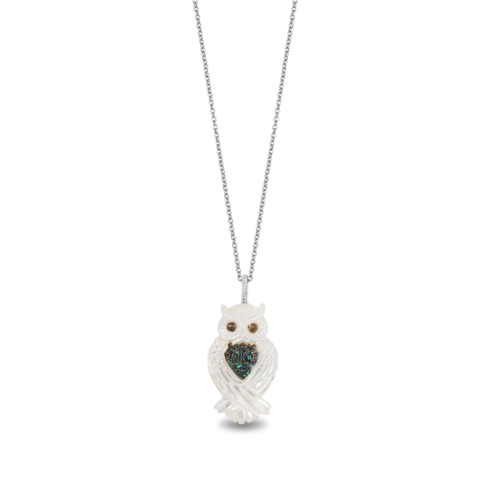 Hallmark Fine Jewelry Wise Mother Owl Pendant in Carved Mother of Pearl and Sterling Silver with Diamonds