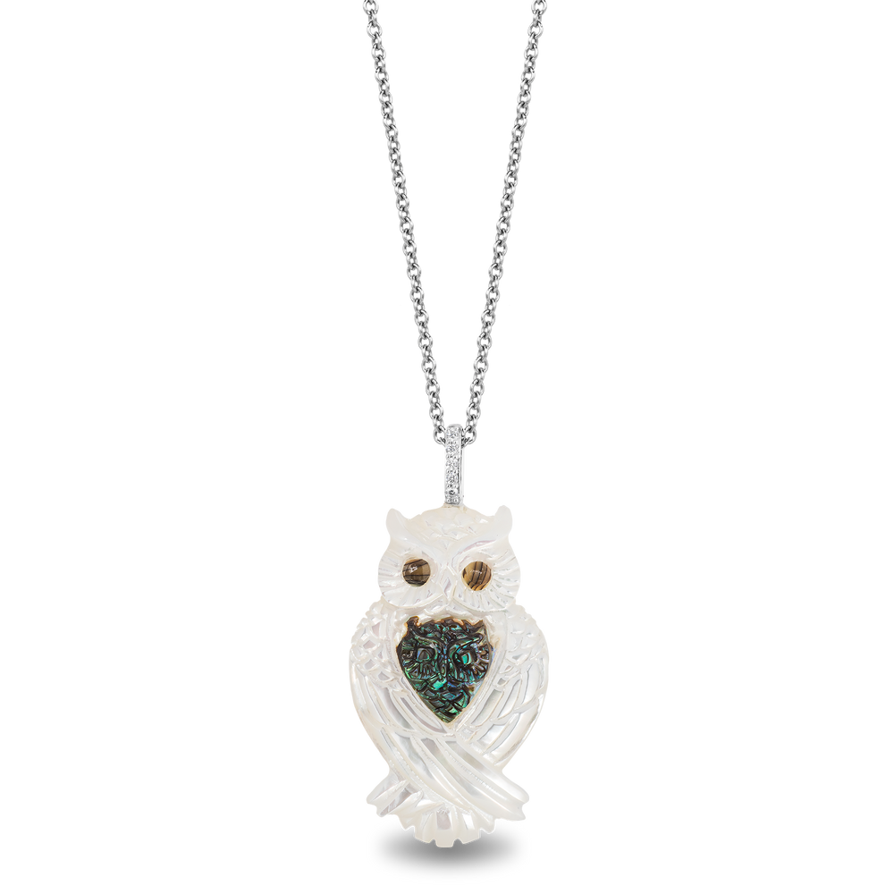 Hallmark Fine Jewelry Wise Mother Owl Pendant in Carved Mother of Pearl and Sterling Silver with Diamonds