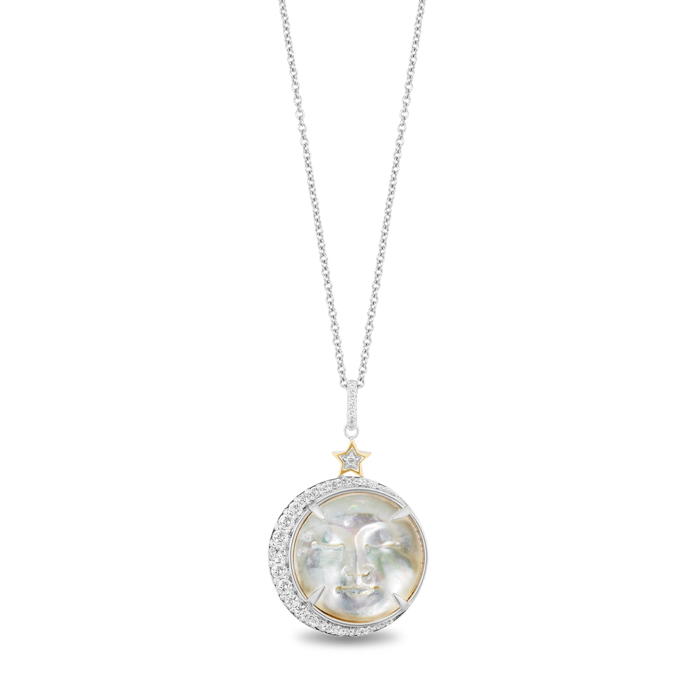 Hallmark Fine Jewelry Man In The Moon Pendant in Carved Mother of Pearl, Sterling Silver and 14K Yellow Gold with Diamonds